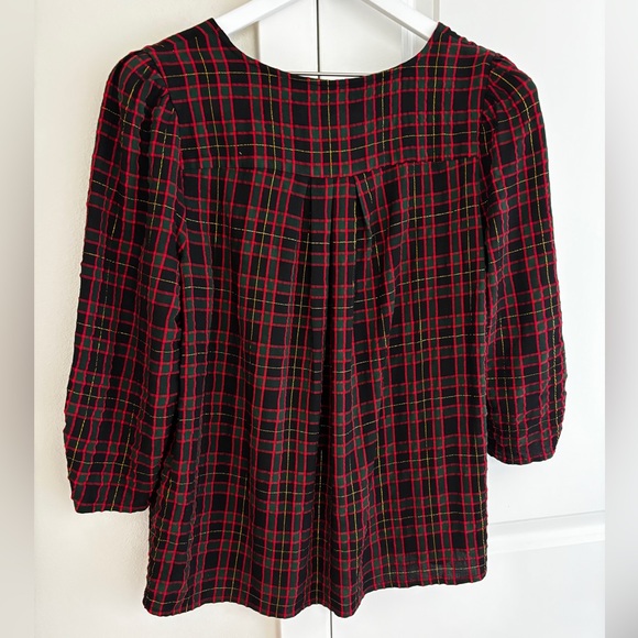 LOFT Shimmer Plaid Shirred V-neck Blouse, 3/4 Sleeves Holiday Christmas Top - Picture 10 of 12
